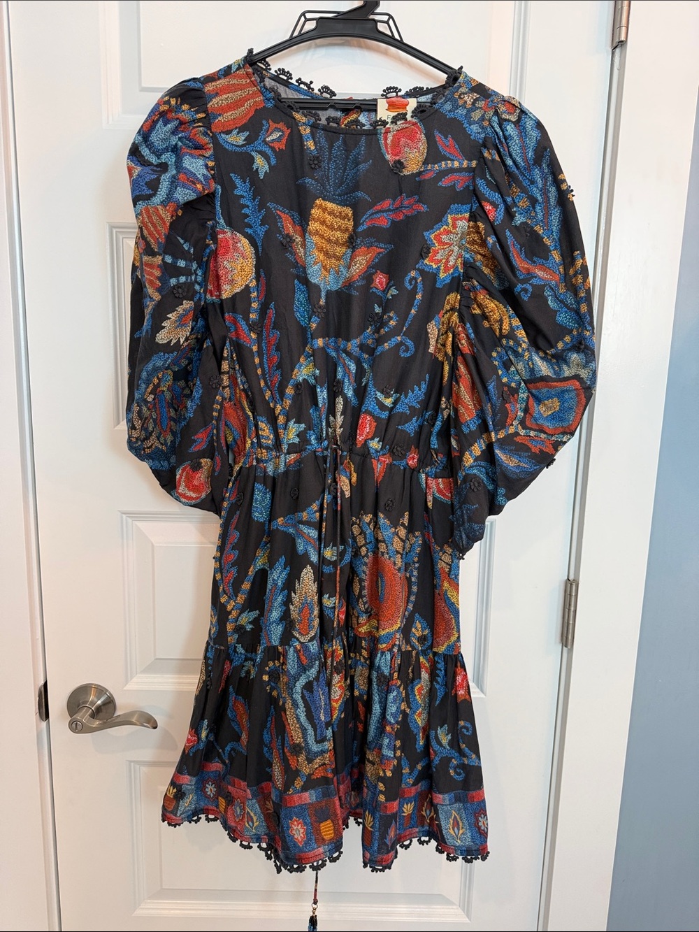 FARM Rio Black Paisley Puff-Sleeve Midi Dress with Blue & Red Accents